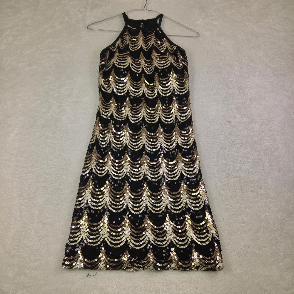 Midnight Doll Black Gold Sequin Scallop Halter Mini Dress Keyhole Back Size 5
